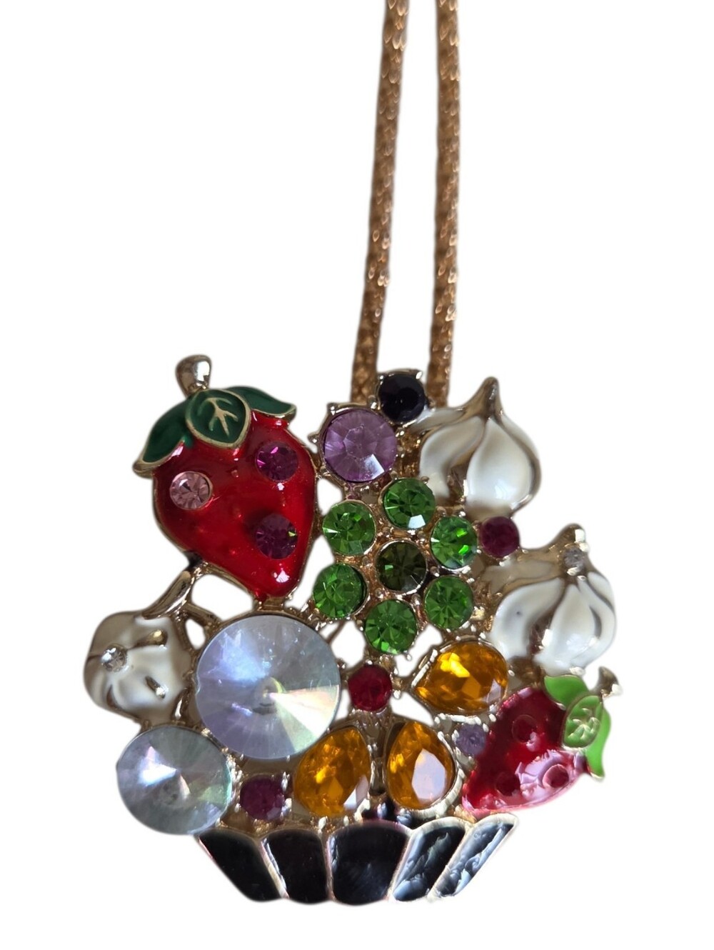 NWT betsey johnson strawberry basket pendant necklace fruit crystals BJ tag